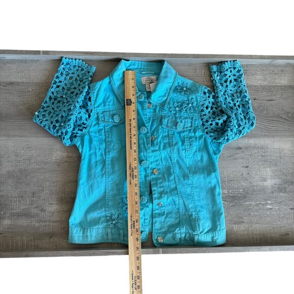 Just B Turquoise Eyelet Embroidered Jacket Size S | Floral Lace Sleeves & Beaded - Picture 8 of 10